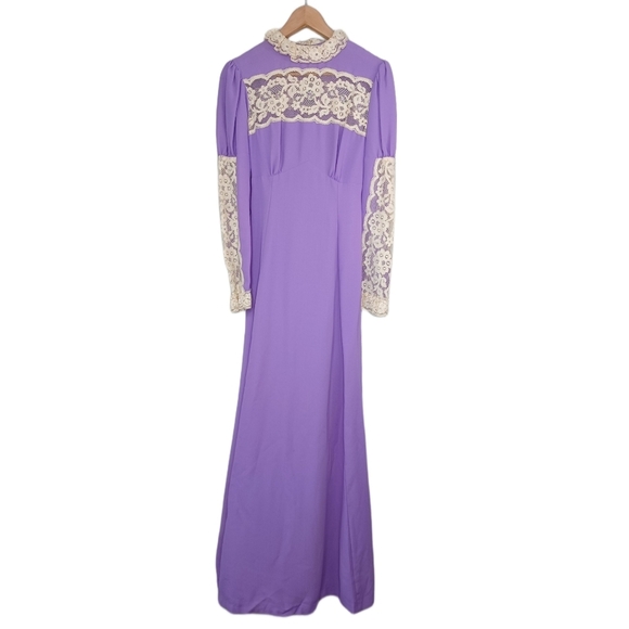 Vintage 60's Purple Mid Century Whimsigoth Prairie Cottagecore Lace Maxi Dress - Picture 1 of 16